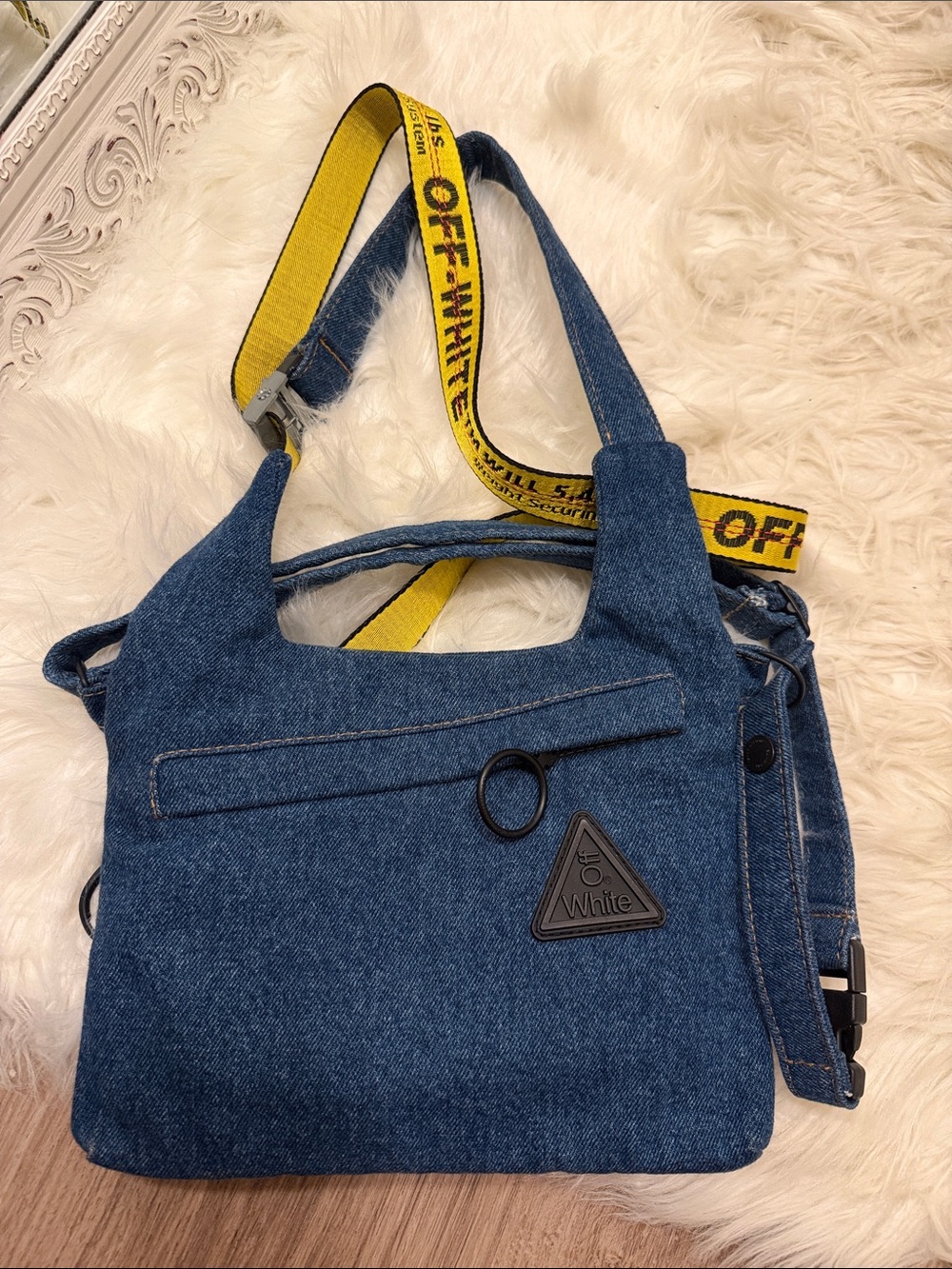 Off-White Blue Denim Crossbody with Yellow Industrial Strap